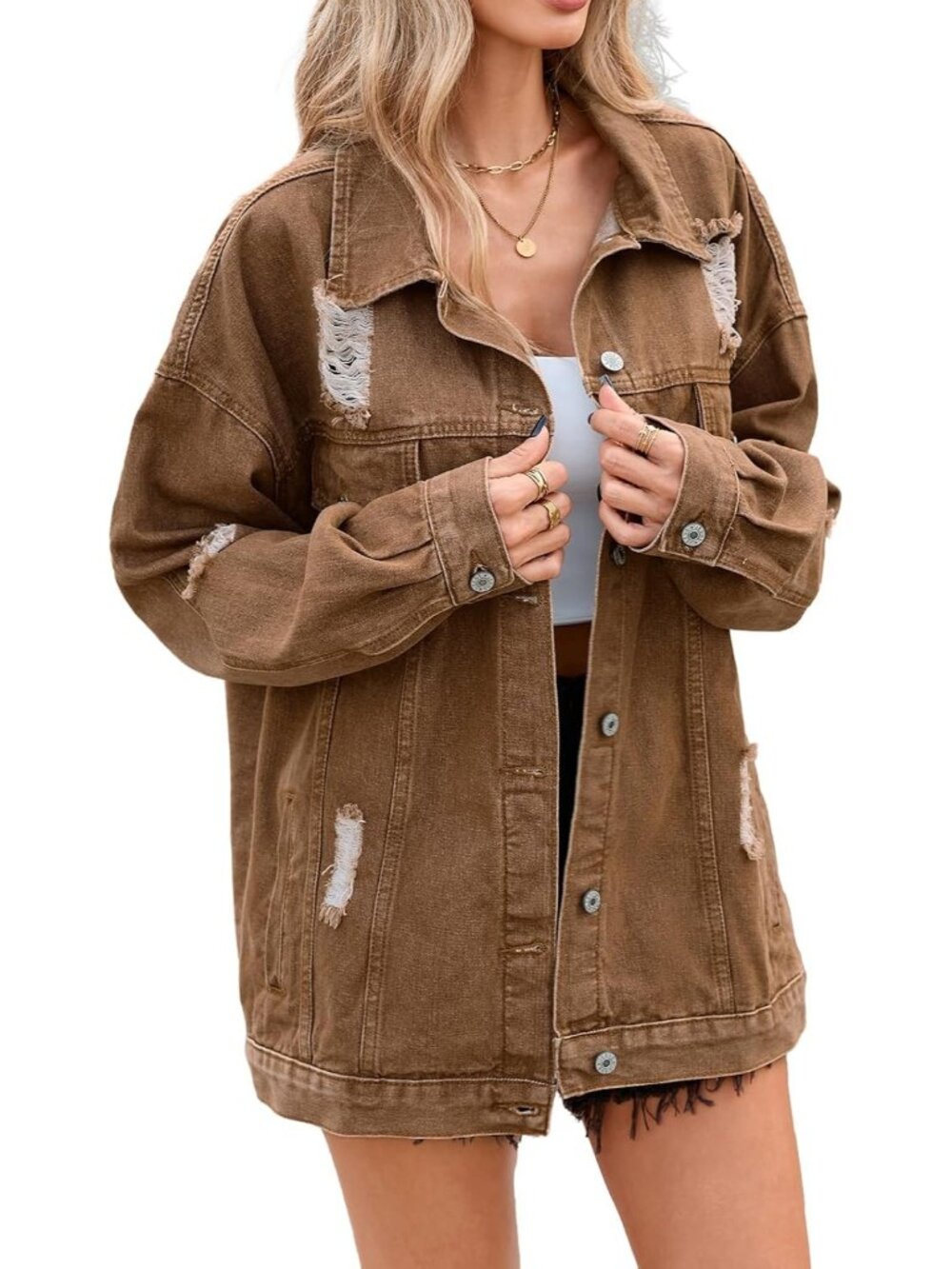 〽️Women's Khaki Light Wash Oversized Distressed Denim Boyfriend Fit Jean Jacket